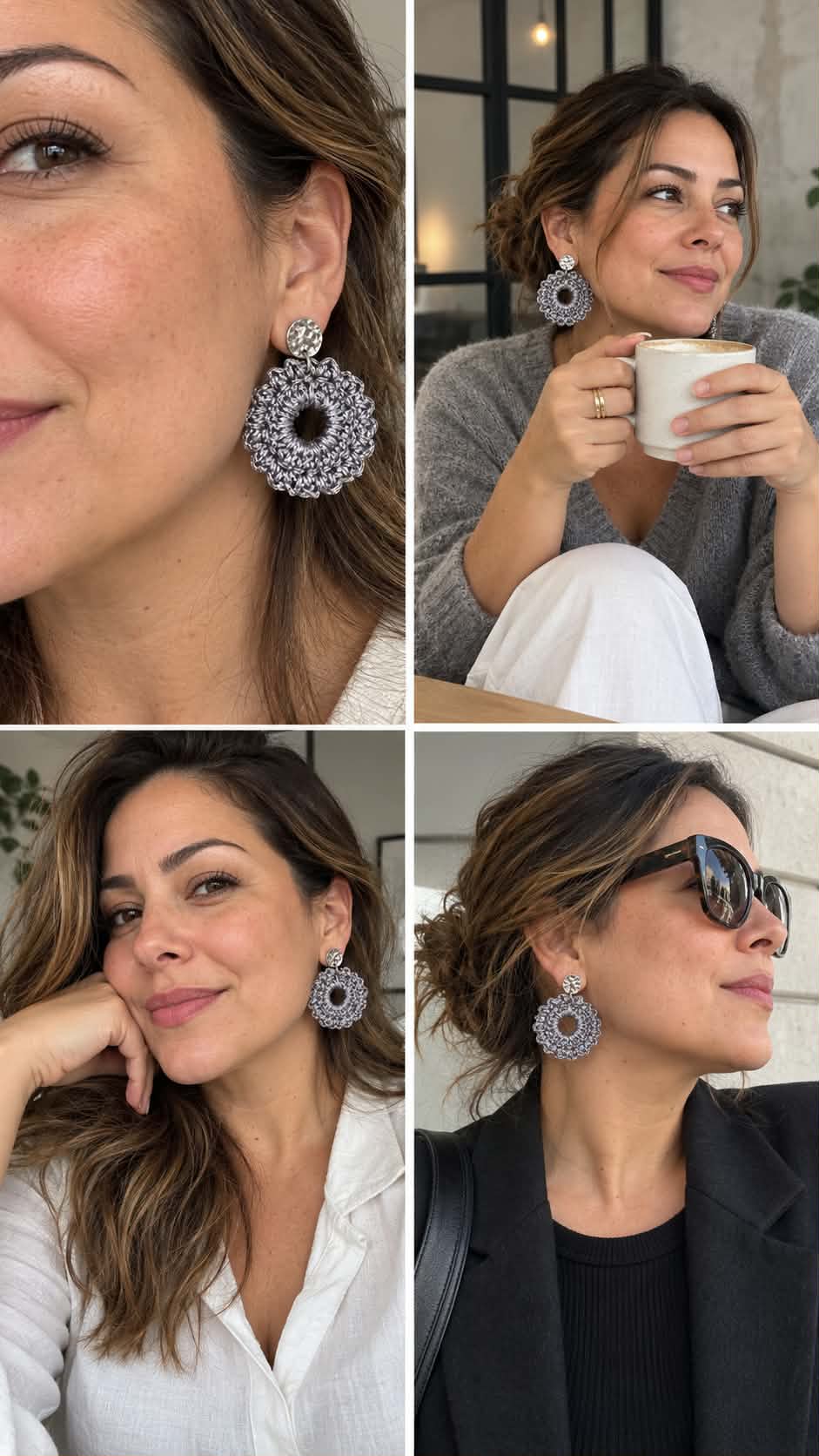 Boucles d’oreilles en crochet Aura – Argenté, fait main
