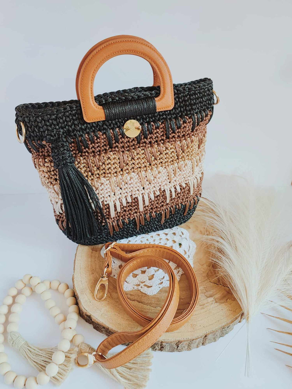 Sac Siena – sac à main crocheté à la main, tons noir, marron et beige avec anses en cuir végan
