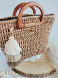 Sac Valentina – Élégant avec Poignée en Bois et Cuir, Détail Pompom