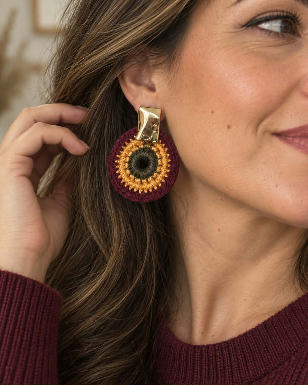 Boucles d’oreilles en crochet Nara – Bordeaux, camel & kaki, fait main