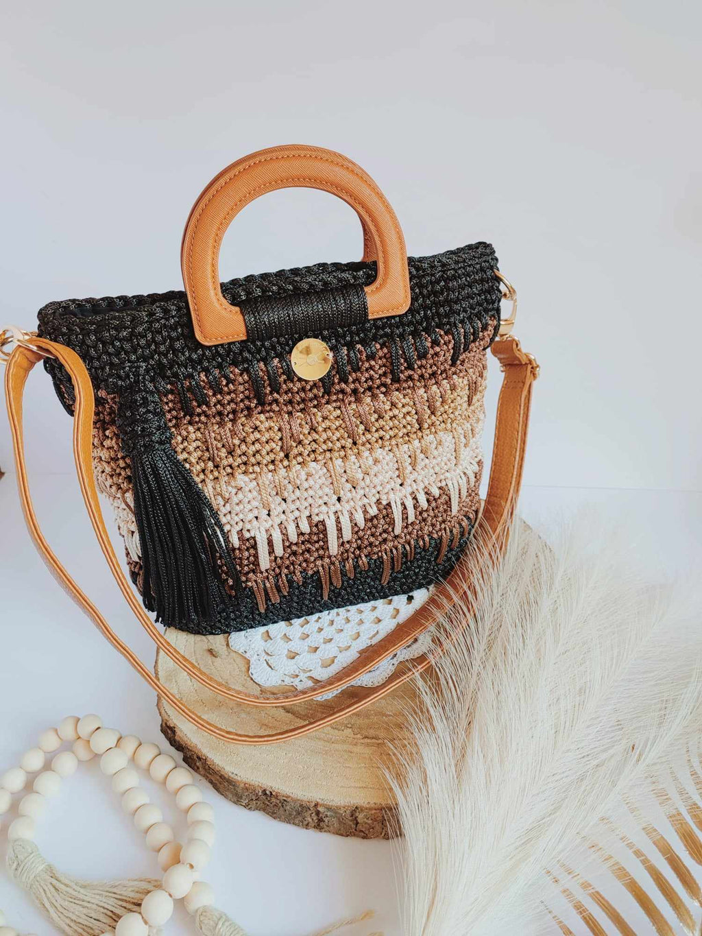 Sac Siena – sac à main crocheté à la main, tons noir, marron et beige avec anses en cuir végan