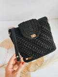 Olivia – Sac bandoulière crochet & cuir noir