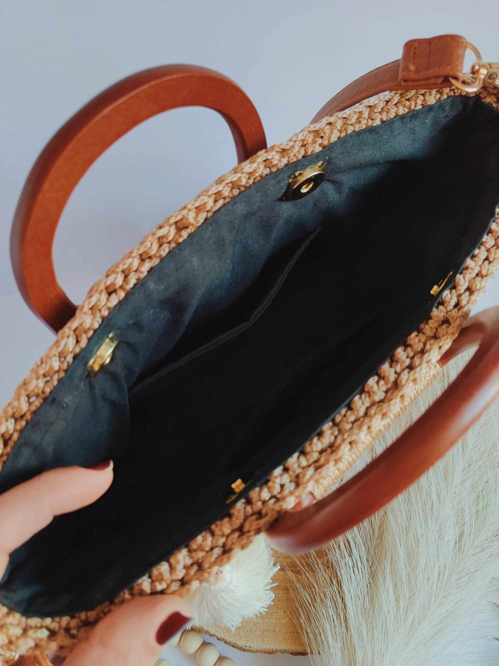 Sac Siena – sac à main crocheté à la main, tons noir, marron et beige avec anses en cuir végan