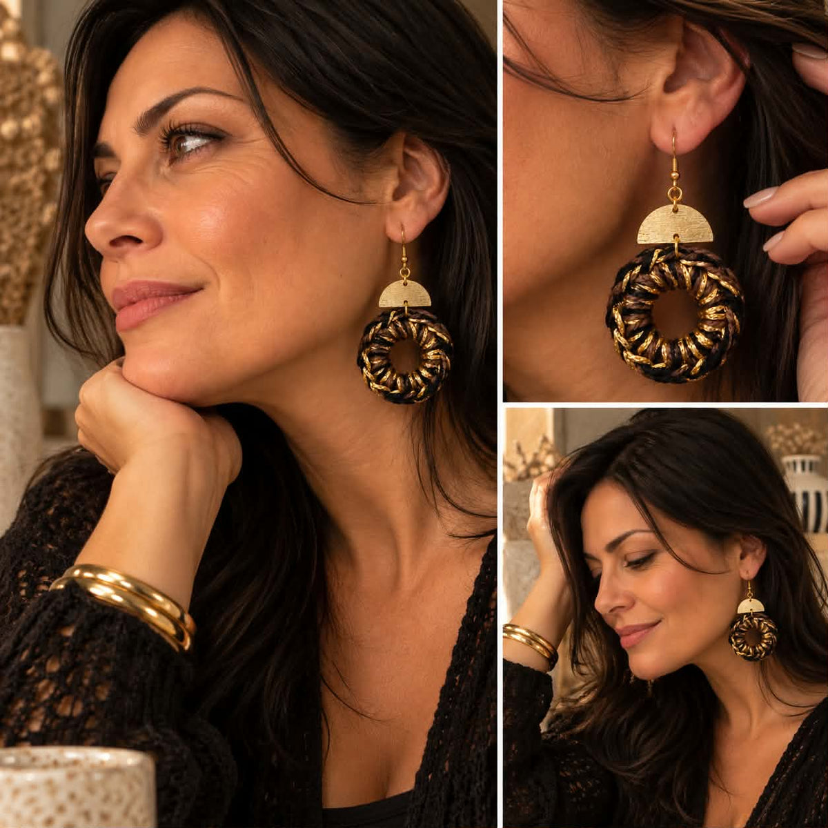 Boucles d’oreilles en crochet Dara – Marron, noir & doré, fait main