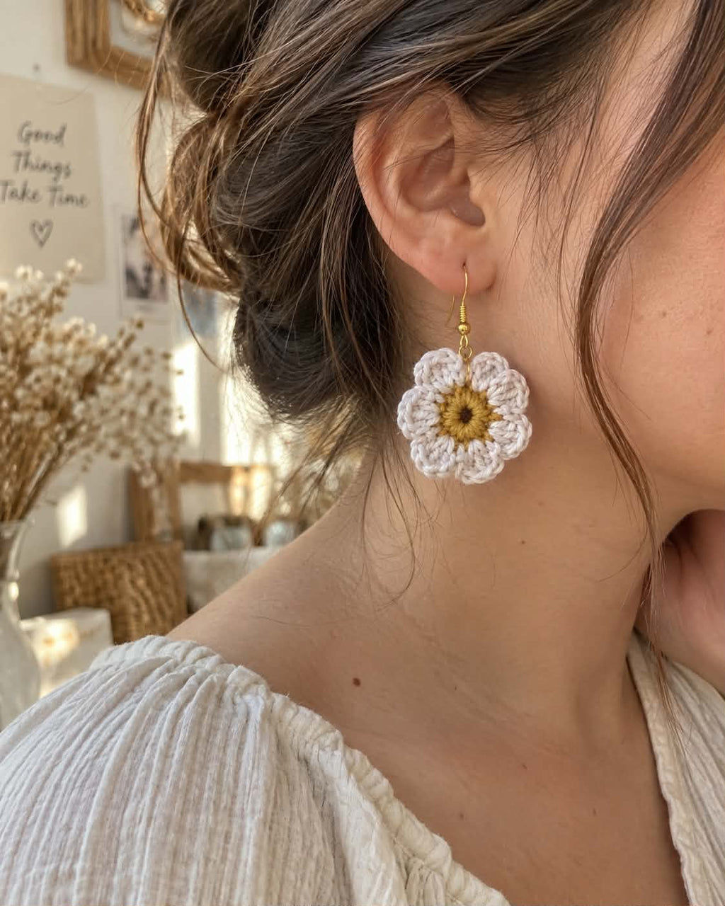 Boucles d’oreilles fleur en crochet Lily – Fait main