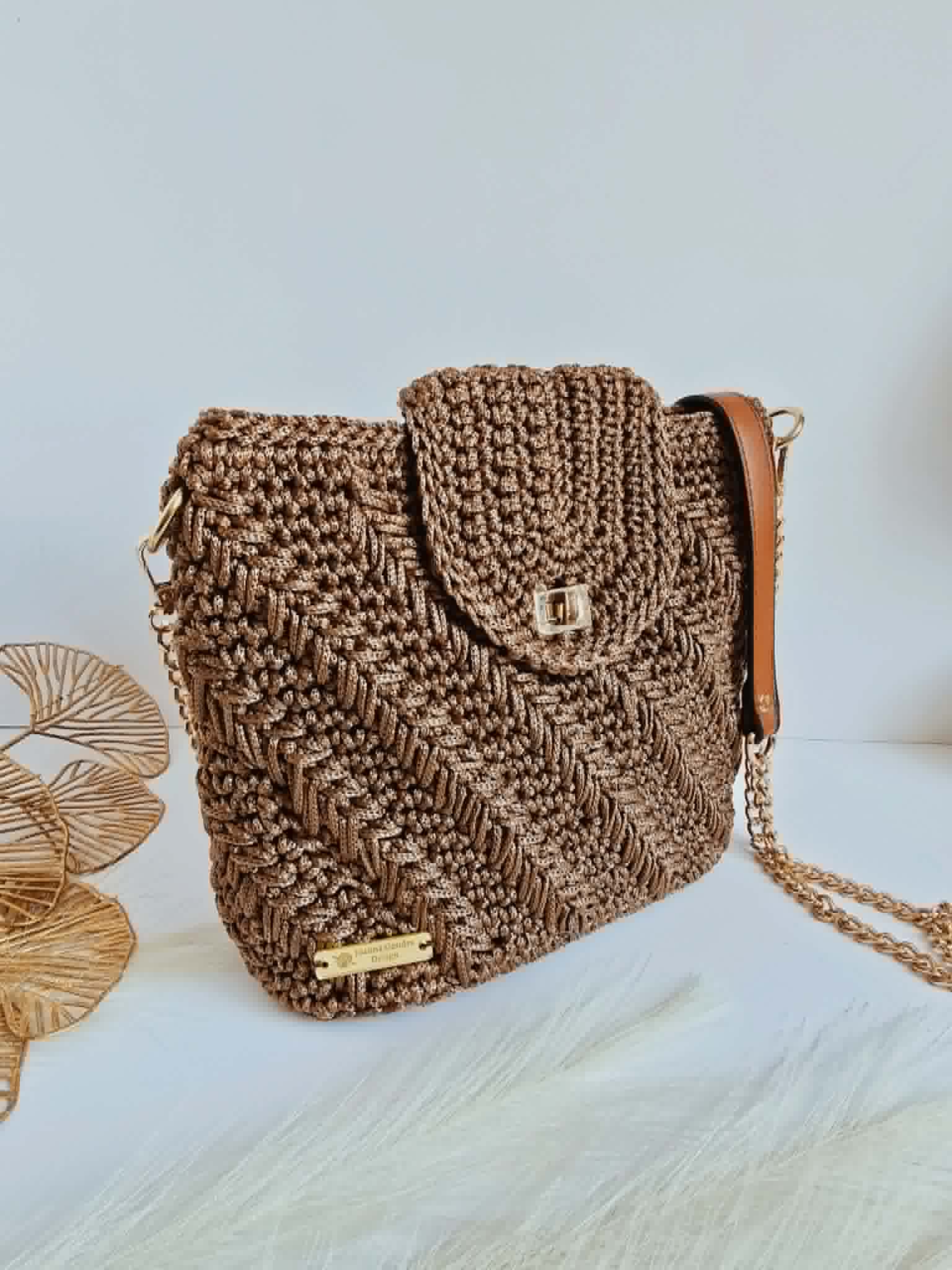 Olivia – Sac bandoulière crochet & cuir Marron