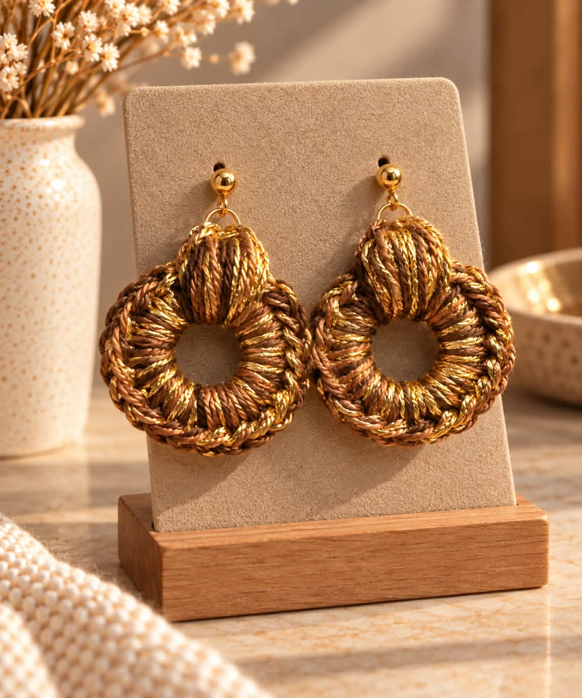 Boucles d’oreilles en crochet Zohra – Marron, camel & doré, fait main