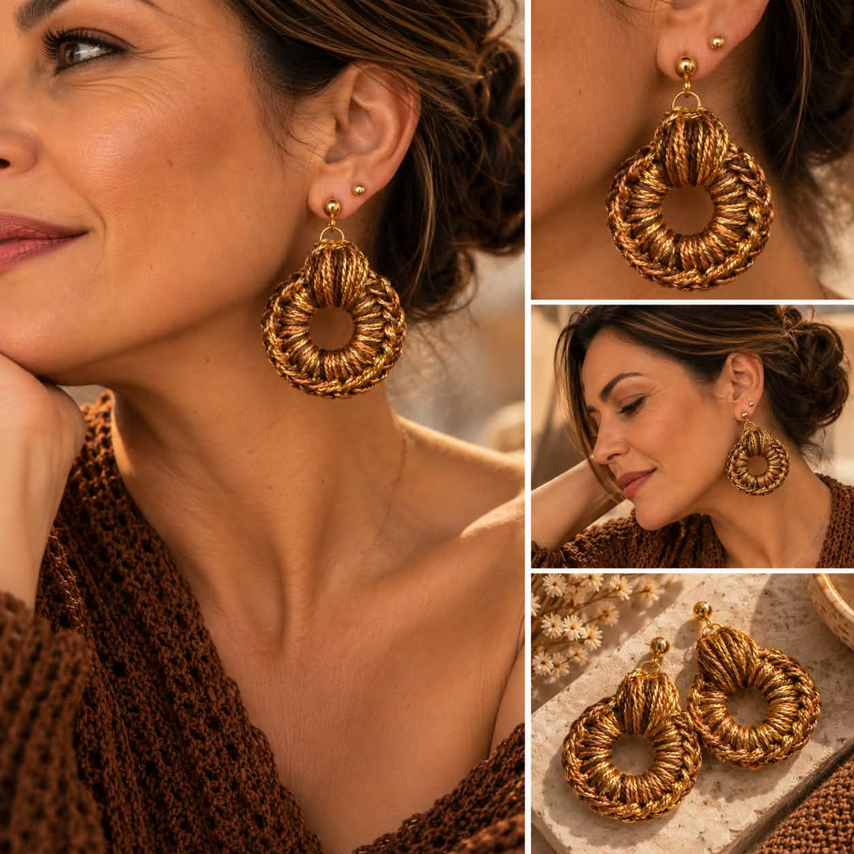 Boucles d’oreilles en crochet Zohra – Marron, camel & doré, fait main