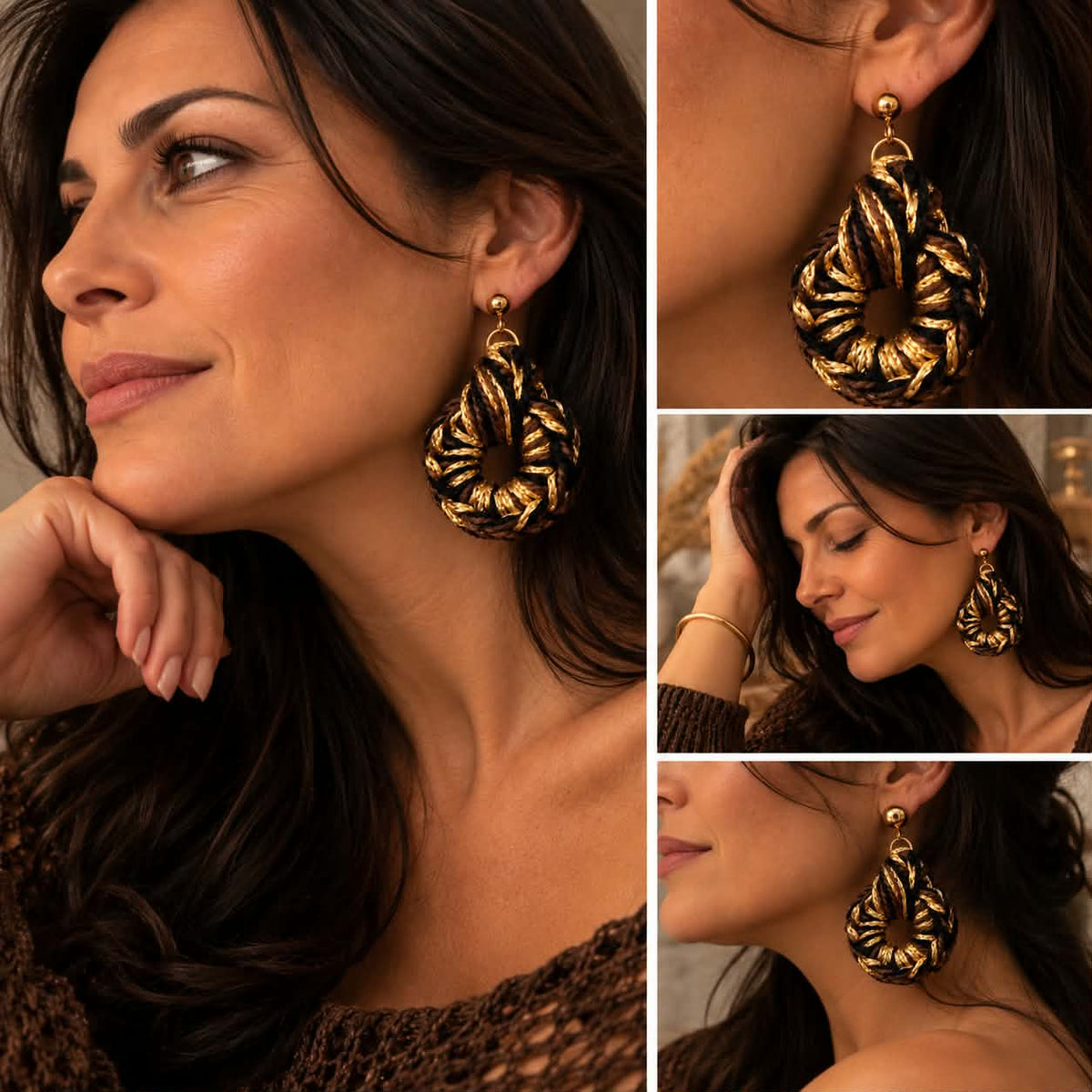 Boucles d’oreilles en crochet Zohra – Marron, noir & doré, fait main