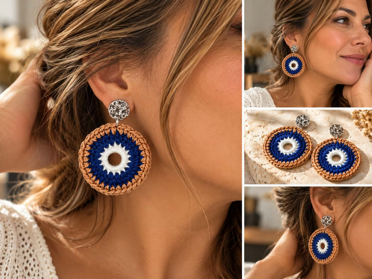 Boucles d’oreilles en crochet Nara – Bleu marine, blanc & camel