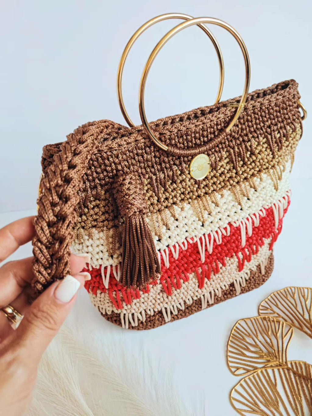 Sac Siena – sac à main crocheté à la main, aux nuances terre, rouge et or